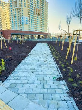 Workers are creating a new walkway made of stone bricks. Small trees are bein Stock Photos