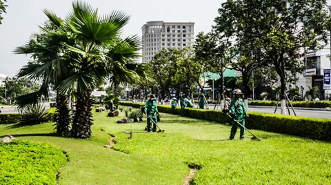 The workers are cutting grass in the afternoon in Da Nang, Vietnam Vídeos de archivo 38791252