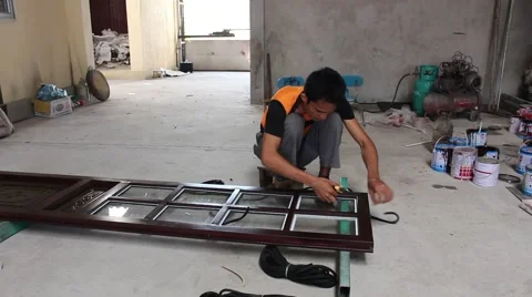 Workers are doing door, aluminum door glass sector Stock Footage 58200423