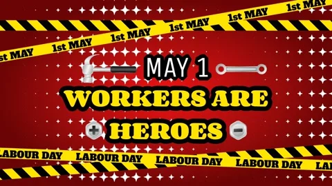 Workers are heroes animated background with safety stripes and tool icons Stock Footage 237757975