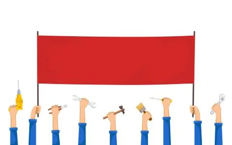 Workers are holding a red blank banner and construction tools. 스톡 일러스트
