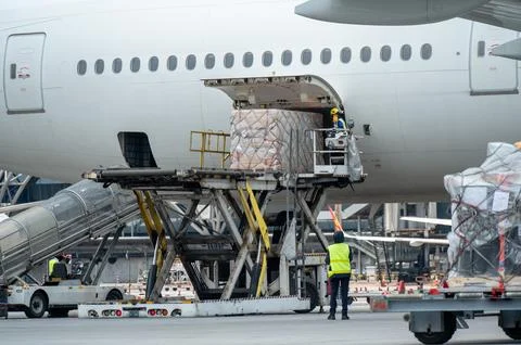 Workers are loading  cargo logistic containers to an airplane. Stock Photos