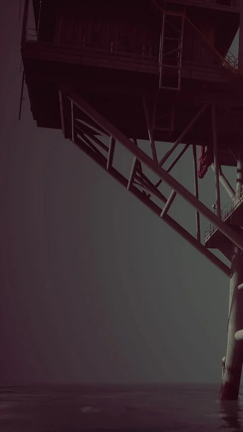 Workers are on an offshore platform located in the ocean during sunset Stock Footage 340282431