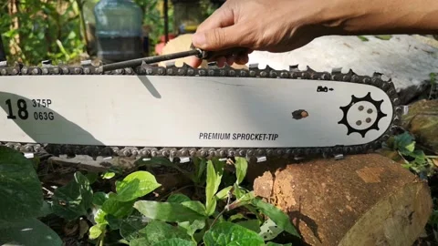 Workers are sharpening chainsaws manually. Stock Footage 148902361