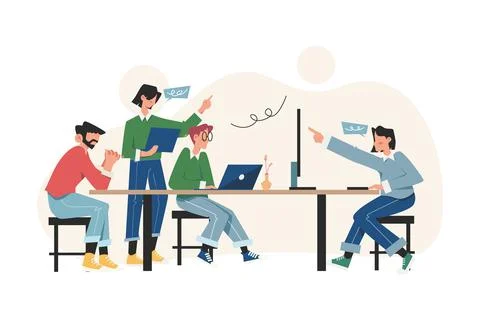 Workers are sitting at the negotiating table thinking and brainstorming Stock Illustration