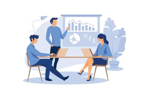 Workers are sitting at the negotiating table, collective thinking and brainst Stock Illustration