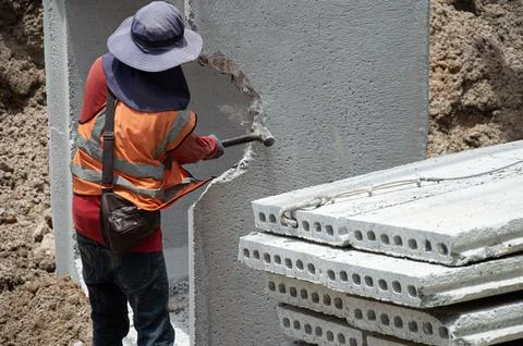 Workers are using hammers to break concrete blocks at a construction site. Foto stock