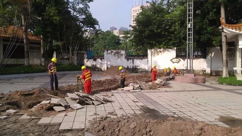 The workers are working on the ground construction Video stock 116476521