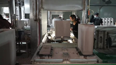 Workers are working intensively on the ceramic bathroom production line in .. Stock Footage 322712654