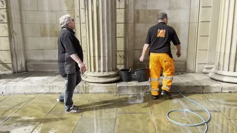 WORKERS ARRIVE TO CLEAN BLACK PAINT FROM BANK OF ENGLAND AFTER PROTEST UK 4K Stock Footage 151474427