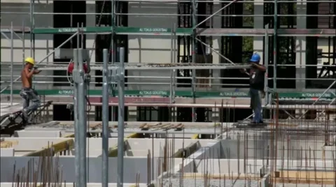 Workers assemble a concrete slab on the ... | Stock Video | Pond5