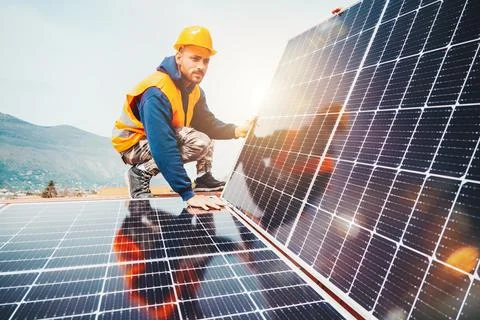 Workers assemble energy system with solar panel for electricity Stock Photos