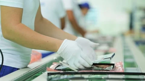 Workers assemble LCD monitors for a computer Stock Footage 162912938