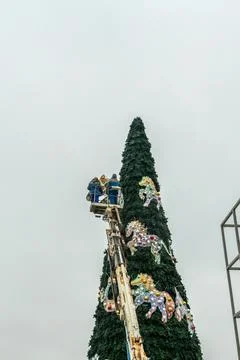 Workers assembling a large artificial christmas tree in urban square. Urban.. Stock Photos