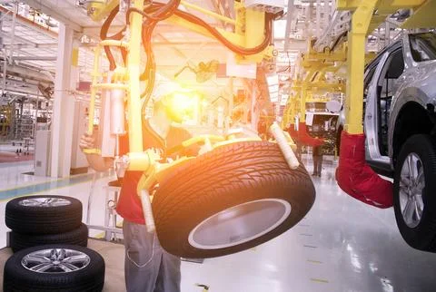 Workers assembling vehicles in a modern factory during a busy production shif Stock Photos