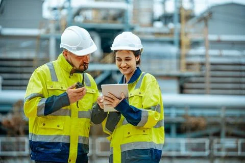Workers assess project progress at industrial site with communication tools.. Stock Photos
