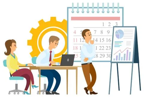 Workers Brainstorming, Calendar and Graph Vector Illustrazione stock