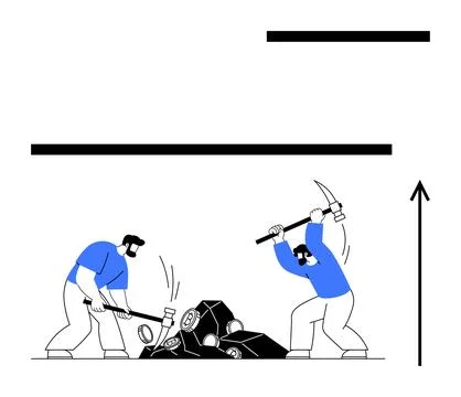 Workers Breaking Concrete With Tools Amid Rising Arrows Symbolizing Growth .. イラスト素材