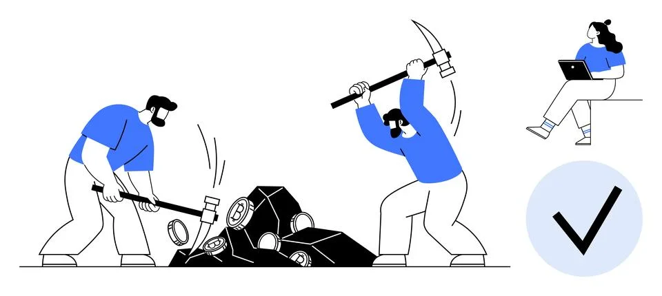 Workers breaking rocks with pickaxe and hammer, person using a laptop, check  Illustrazione stock