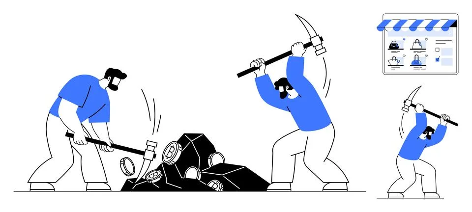 Workers breaking rocks with pickaxes, emphasizing effort and teamwork. Diagra Stock Illustration