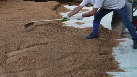 Workers bring sand in wheelbarrows to prepare the foundation Stock Footage 279336272