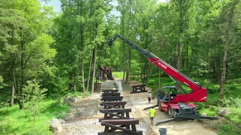 Workers Build a Bridge Using a Crane in a Forest Area During a Sunny Day Video stock 337642878
