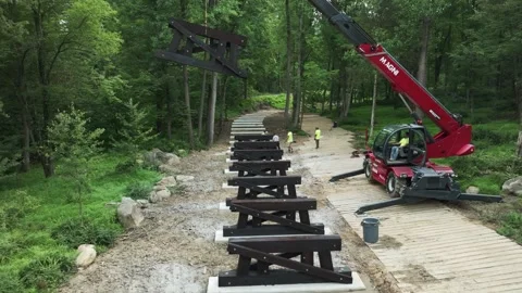 Workers Build a Wooden Structure in a Forested Area Using a Crane Video stock 325616984