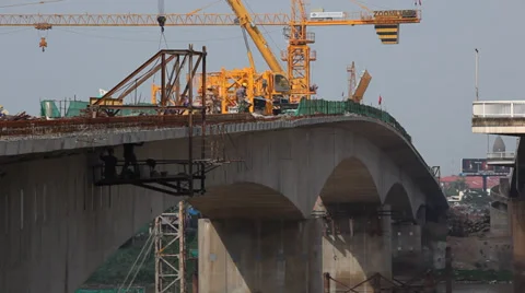 Workers Building Bridge Long Shot Stock Footage 37847315
