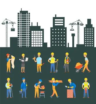 Workers Building, Engineers Controlling Process Ilustración de archivo