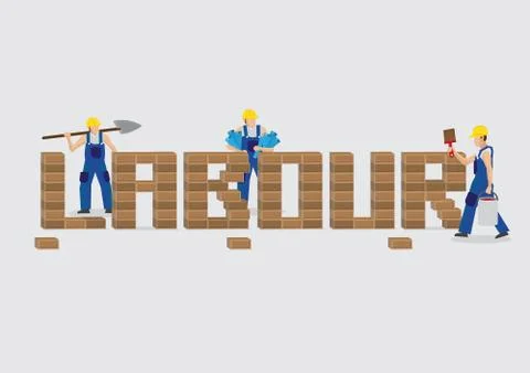 Workers Building Word Labour with Bricks Cartoon Vector Illustraiton Stock Illustration