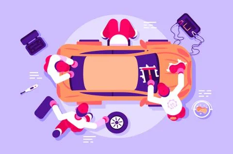 Workers in car service checking vehicle Stock Illustration