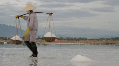 Workers carrying baskets filled with salt Stock Footage 42410607