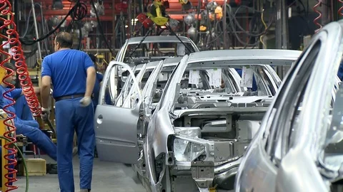 Workers at cars' assembly line inside Khodro car factory, Tehran, Iran Stock Footage 119176062