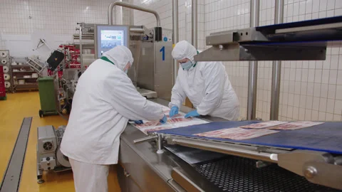Workers check stacking of chopped meat before being sent to machine that seals Stock Footage 205489342