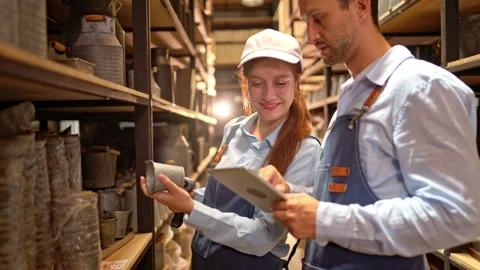 Workers checking inventory in a warehouse using a tablet for efficient stock Stock Footage 339641508