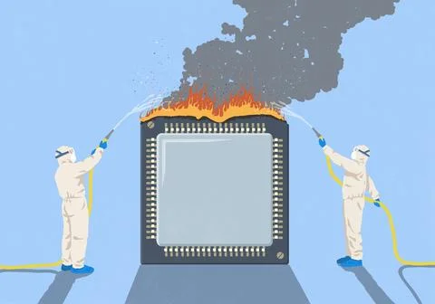 Workers in clean suits with hoses putting out fire on large semiconductor Stock Illustration