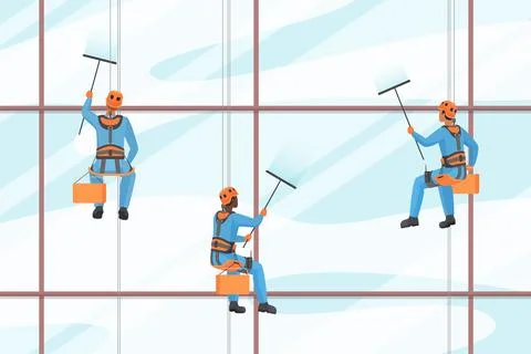Workers cleaning window, work at height of industrial alpinists hanging on Stock Illustration