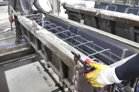 Workers closing a mold for casting a concrete product with installed reinforc Stock Photos