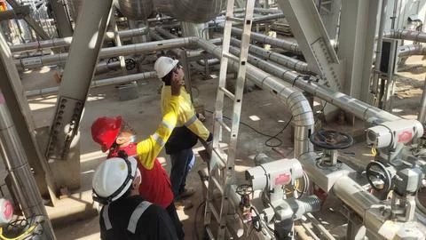 Workers collaborating in an industrial setting, utilizing safety gear and e.. Stock Photos