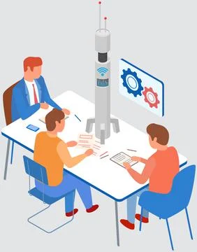 Workers colleagues discuss project with digital technologies using modern means Illustrazione stock