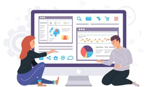 Workers communicate, solve business development issues, graphical business Stock Illustration