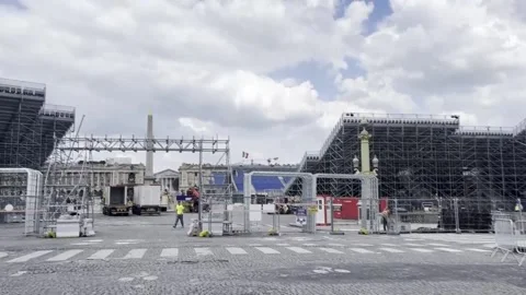 Workers complete the construction works of the Olympic Games venues in the cente Stock Footage 276858000