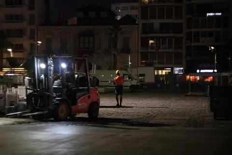 Workers Constructing Stage for Tarkan's Liberation Day Concert in Izmir Stock Photos