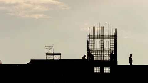 Workers on construction constructors working with steel rebar on building Stock Footage 108120828