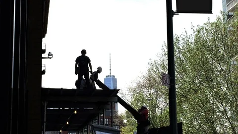 Workers construction scaffolding building Freedom Tower New York City NYC Stock Footage 106209818