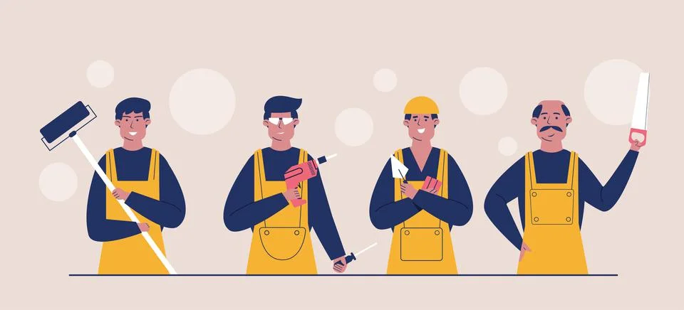 Workers at the construction site dressed in protective vests and helmets. Stock Illustration
