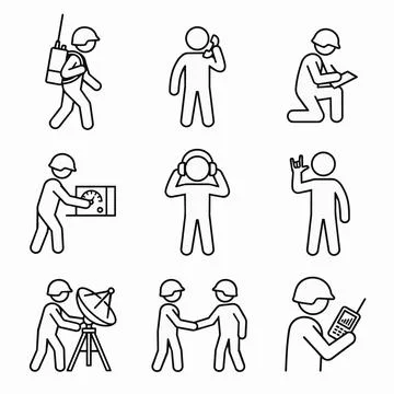Workers construction site icons set, line style, black and white Silhouette Stock Illustration