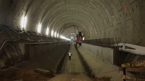 Workers at construction site of the underground tunnel Stock-Footage 69855582