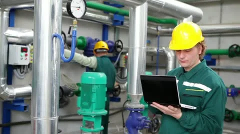 Workers control devices in a Heating Plant Stock Footage 24672813