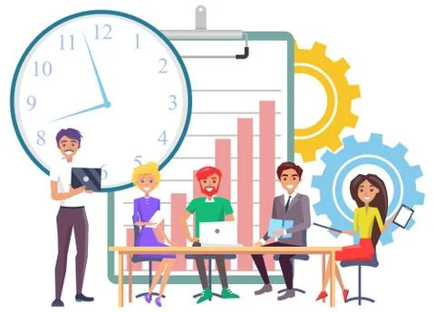 Workers Cooperation, Time for Work, Develop Vector Illustrazione stock
